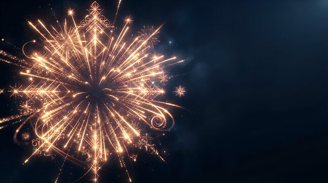 Bright golden fireworks explosion in the dark night sky for a celebration