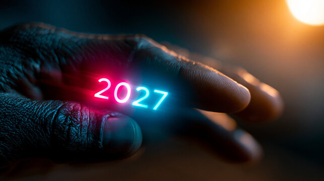 Close up of a hand touching glowing digital numbers 2027 in the dark