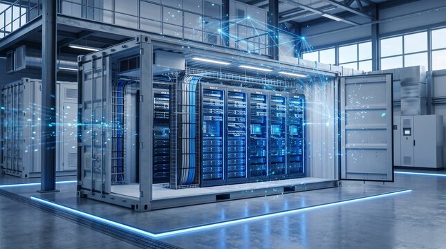 Smart Modular Edge Data Center Container With Efficient Server Racks, Glowing Network Connections and Modern Cloud Infrastructure