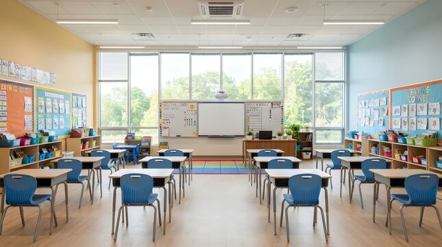 Bright and colorful modern elementary school classroom with student desks and chairs