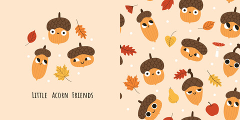 Fototapeta premium Funny acorn character set with seamless autumn pattern. Cute woodland nuts, fall leaves and seasonal elements for fabric, nursery decor, wrapping paper, stickers and vector illustration.