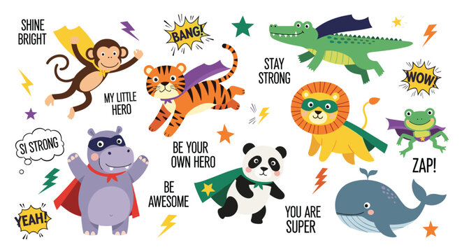 Colorful Cartoon Animal Characters with Speech Bubbles and Exciting Texts.