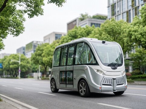 Autonomous electric shuttle bus driving on a modern city street