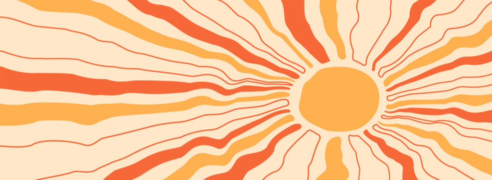 Sun groovy background, summer retro wave pattern. Abstract sun shine ray, red and yellow burst flat and outline design. Trendy hippy stripes. Modern swirl doodle color bg. Cute vector illustration