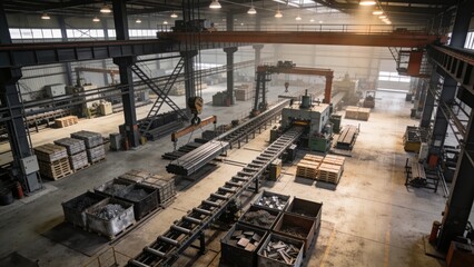 Fototapeta premium Modern factory warehouse filled with industrial equipment, storage pallets, and advanced manufacturing infrastructure.