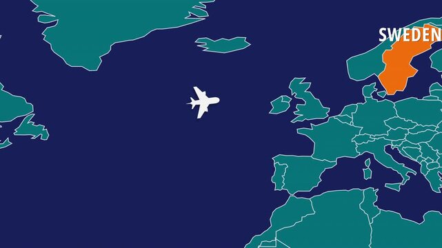 Flight Map Animation Showing Airplane Route Travelling From USA to Sweden. Perfect visual for video editors, content creators, and marketing agencies needing high-end geographical transitions.
