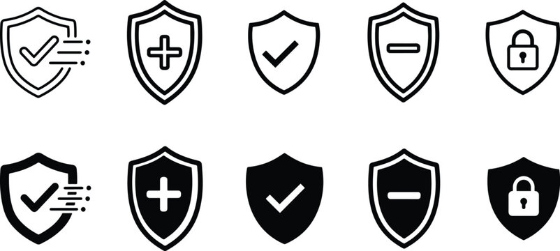 Set of shield icons with check marks plus minus signs and padlocks in outline and solid styles