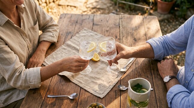 Couple toasting with refreshing drinks on a rustic wooden table outdoors in sunlight