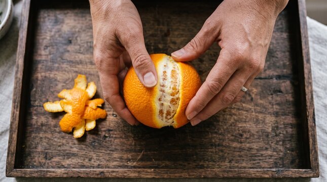 Hands peeling a fresh orange on a rustic wooden board with discarded peel nearby