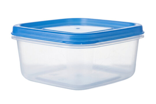 Empty plastic food storage container with blue lid