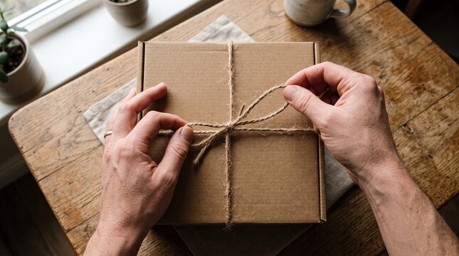 Hands tying twine around a cardboard gift box on a rustic wooden table