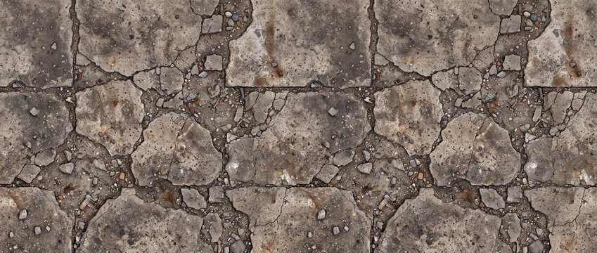 Broken Concrete Pavement Texture with Cracked Stone Blocks and Weathered Industrial Surface Background