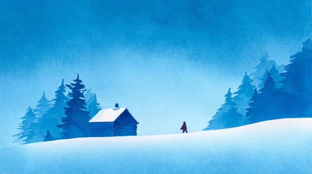 Atmospheric blue watercolor painting of a cozy winter cabin and a lone figure walking in a snowy pine forest