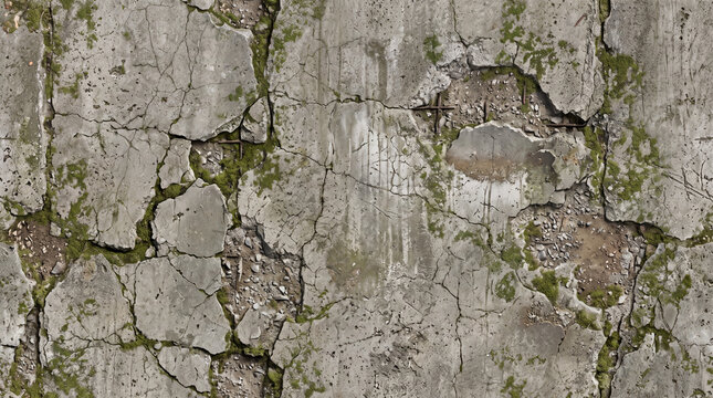Weathered Cracked Concrete Wall Texture with Moss Exposed Rebar and Distressed Cement Surface