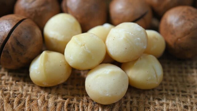Roasted macadamia nuts with a golden brown colour and crunchy texture. Premium healthy snack rich in healthy fats and nutrients, ideal for healthy eating, baking, cooking, and food photography concept