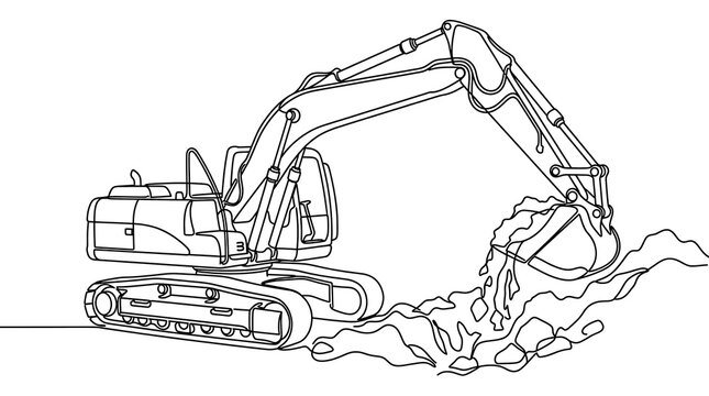 Continuous Line Drawing of an Excavator Digging Soil at Construction