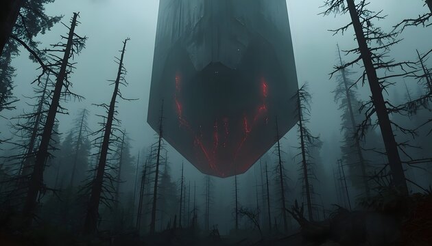 Cinematic shot of a massive mysterious alien monolith glowing red in a ruined dystopian forest.