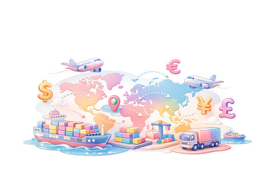 Global Logistics and International Trade Concept with Cargo Ship Airplane and Truck on World Map Illustration