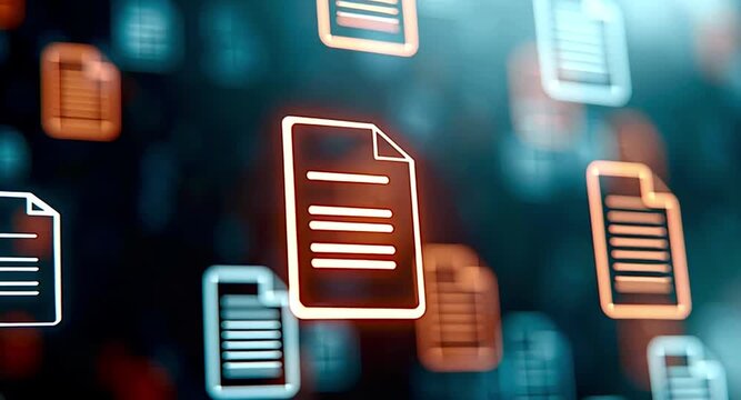 Countless glowing document icons moving through a digital environment, representing data storage, file sharing, and information management concepts within a futuristic, abstract network