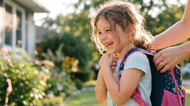First grader putting on backpack with the help of an adult in front of a house. Morning routine and back-to-school preparation for a young elementary student.