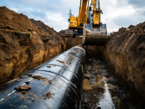 Excavator digging trench for new pipeline. Energy infrastructure project.