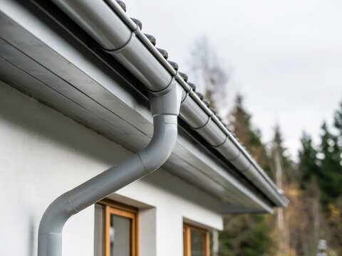 A gray gutter system on a residential house. Rainwater drainage solution.