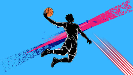 Basketball player silhouette jumping for a slam dunk with dynamic pink splash and speed lines © Fitri Xcv