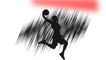 Basketball player silhouette jumping for slam dunk with halftone speed lines pattern © Fitri Xcv