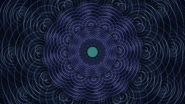 An intricate symmetrical pattern of glowing blue and green mandalas radiates harmoniously from a central point, creating a captivating visual display of energy and unity through detailed