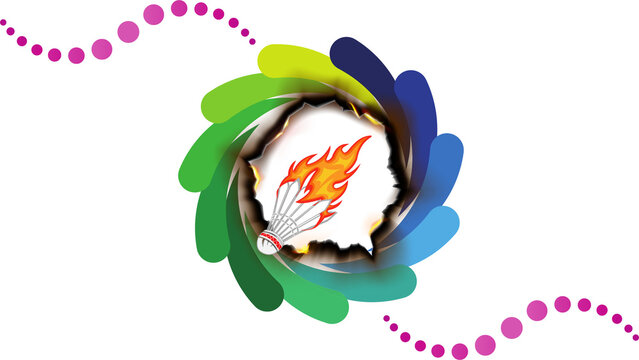 Flaming badminton shuttlecock vector illustration coming out of a colorful pinwheel vortex frame
