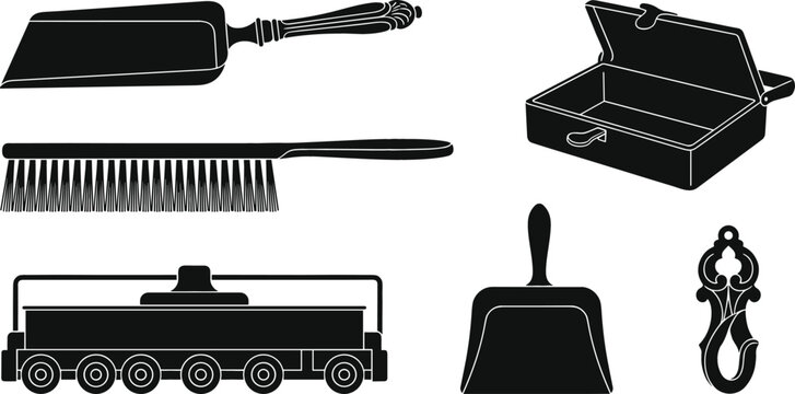 Vintage Crumb Sweeper and Table Cleaning Tools Vector Icon Set Featuring Silent Butler Dustpan Counter Brush Storage Box and Tongs Elements