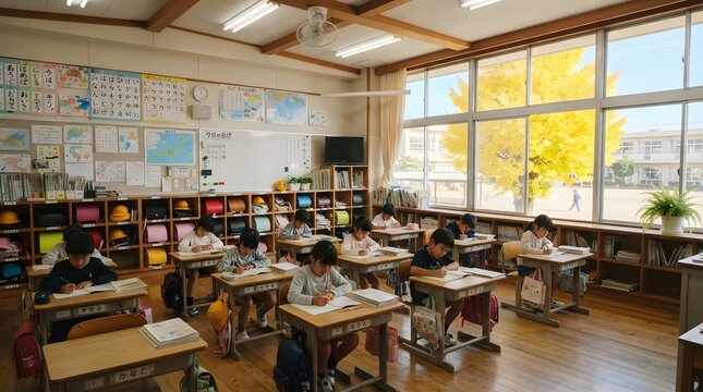 Elementary school classroom with students sitting at desks during a lesson