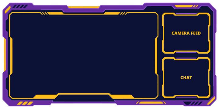 Futuristic gaming overlay frame with camera feed and chat box sections for live streaming content creators in purple and orange colors