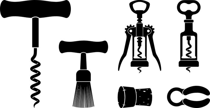 Wine Opener and Bottle Accessories Vector Icon Set Featuring T Handle Corkscrew Winged Corkscrew Foil Cutter and Bottle Stopper Elements