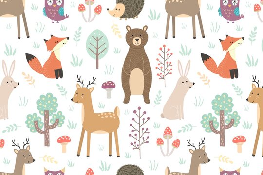 Cute Woodland Animals Seamless Pattern, Forest Animal Nursery Background, Fox Bear Deer Rabbit Owl Hedgehog Repeat Print, Kids Fabric Design, Scandinavian Nature Wallpaper, Baby Textile Pattern