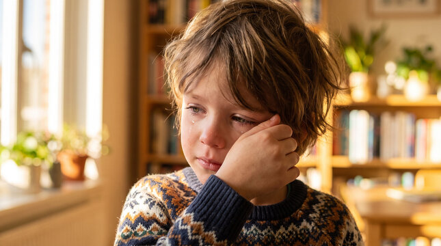 First grader wiping tears from his face while sitting in a classroom. Emotional school moment highlighting childhood sensitivity and the need for support.
