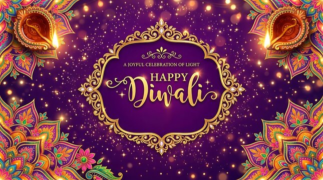Happy diwali greeting card with decorative oil lamps and floral ornaments