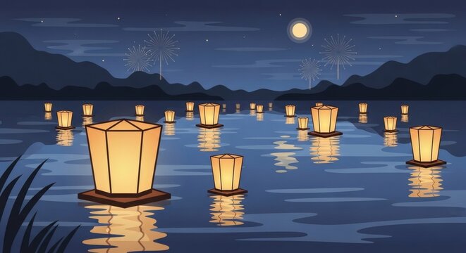  Lanterns Floating on Lake at Night &ndash; Peaceful Obon Festival Reflection Background