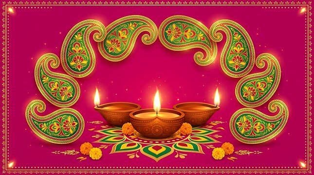 Happy diwali celebration background with diya oil lamps and intricate colorful
