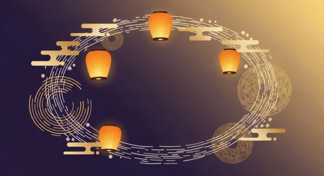Lantern Wreath Design with Floating Lights &ndash; Obon Festival Decorative Background Illustration