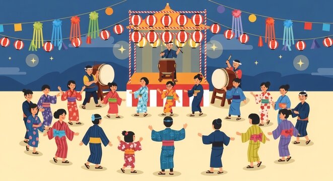 Obon Festival Dance Celebration &ndash; Japanese Bon Odori Lantern Festival Illustration.