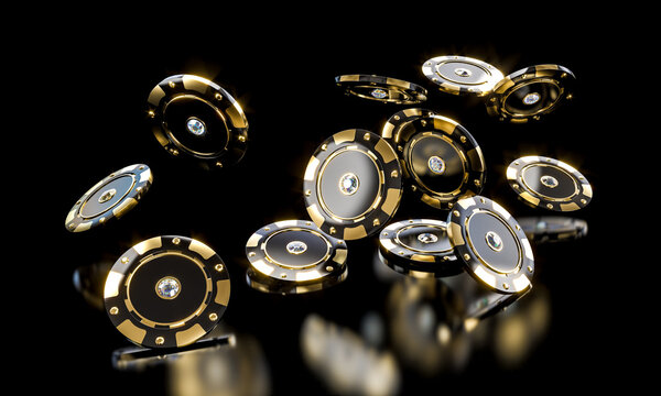 Falling black and gold casino chips 3d