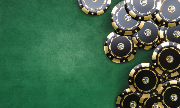 Black and gold poker chips on green felt 3d