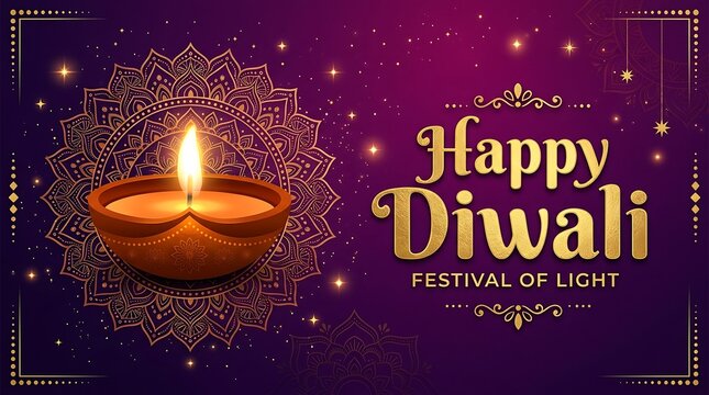 Happy diwali festival of lights golden greeting card with traditional oil lamp