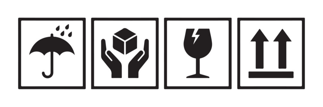 Fragile cargo set icons, fragile package warning signs umbrella, box in hands, glass, side up box, logistics delivery shipping special labels.