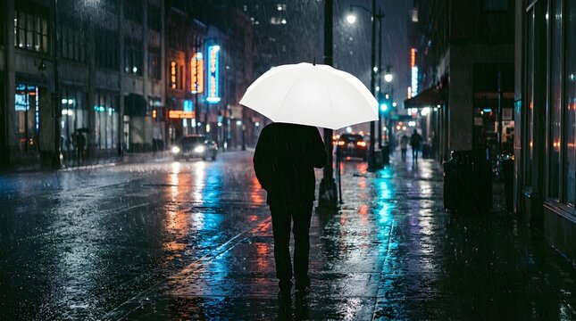 Person with white umbrella walking on wet city street during heavy rain