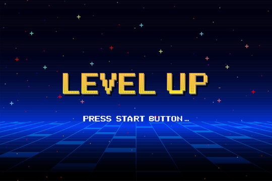 LEVEL UP icon pixel art 8 bit. Retro Futurism Sci-Fi Background. glowing neon grid and stars from vintage arcade computer games