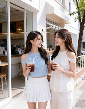 夏のカフェ前でテイクアウトドリンクを楽しむ笑顔の若い女性2人