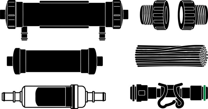 Water Filtration and Reverse Osmosis System Vector Icon Set Featuring Membrane Housing Inline Filter Cartridge Union Fittings and Tubing Bundle