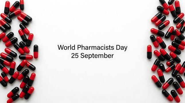 World pharmacists day concept with red and black medication capsules, pharmacy